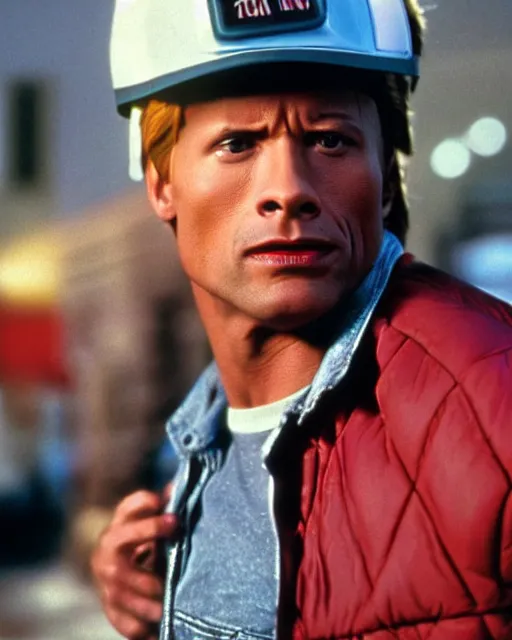 Image similar to film still close - up shot of dwayne johnson as marty mcfly from the movie back to the future. photographic, photography