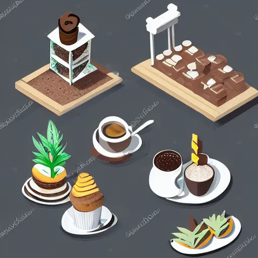 Image similar to cannabis coffee and cake cafe isometric fun 3 d cartoon, beautiful composition structure