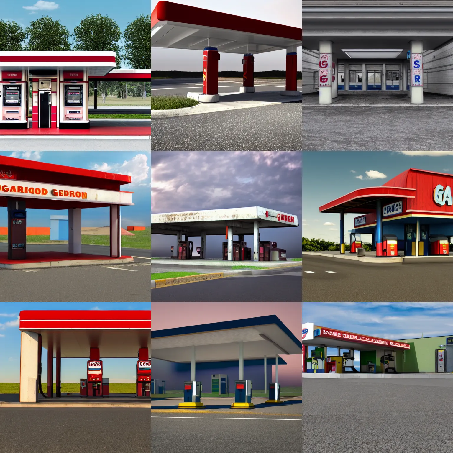 Prompt: 3d render of an abandoned gas station on a road