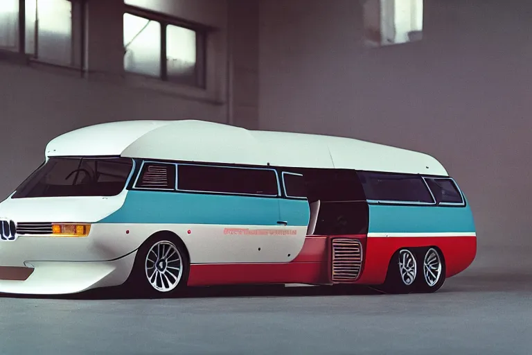 Image similar to designed by giorgetto giugiaro futuristic and modern bmw m 1 vw bus, ektachrome photograph, volumetric lighting, f 8 aperture, cinematic eastman 5 3 8 4 film