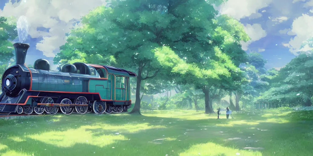 Image similar to A beautiful illustration of beautiful Hogwarts train, leaves, trees, steam, wide angle, by makoto shinkai, Wu daozi, very detailed, deviantart, 8k, wallpaper, tropical, colorful, airy, anime illustration, anime nature wallpap