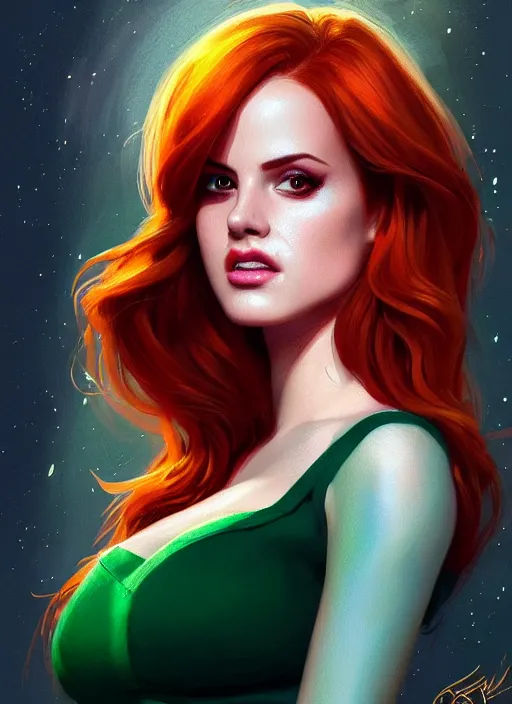 Image similar to full body portrait of teenage cheryl blossom, bangs, green eyes, mischievous expression, red hair, sultry smirk, bangs and wavy hair, intricate, elegant, glowing lights, highly detailed, digital painting, artstation, concept art, smooth, sharp focus, illustration, art by wlop, mars ravelo and greg rutkowski