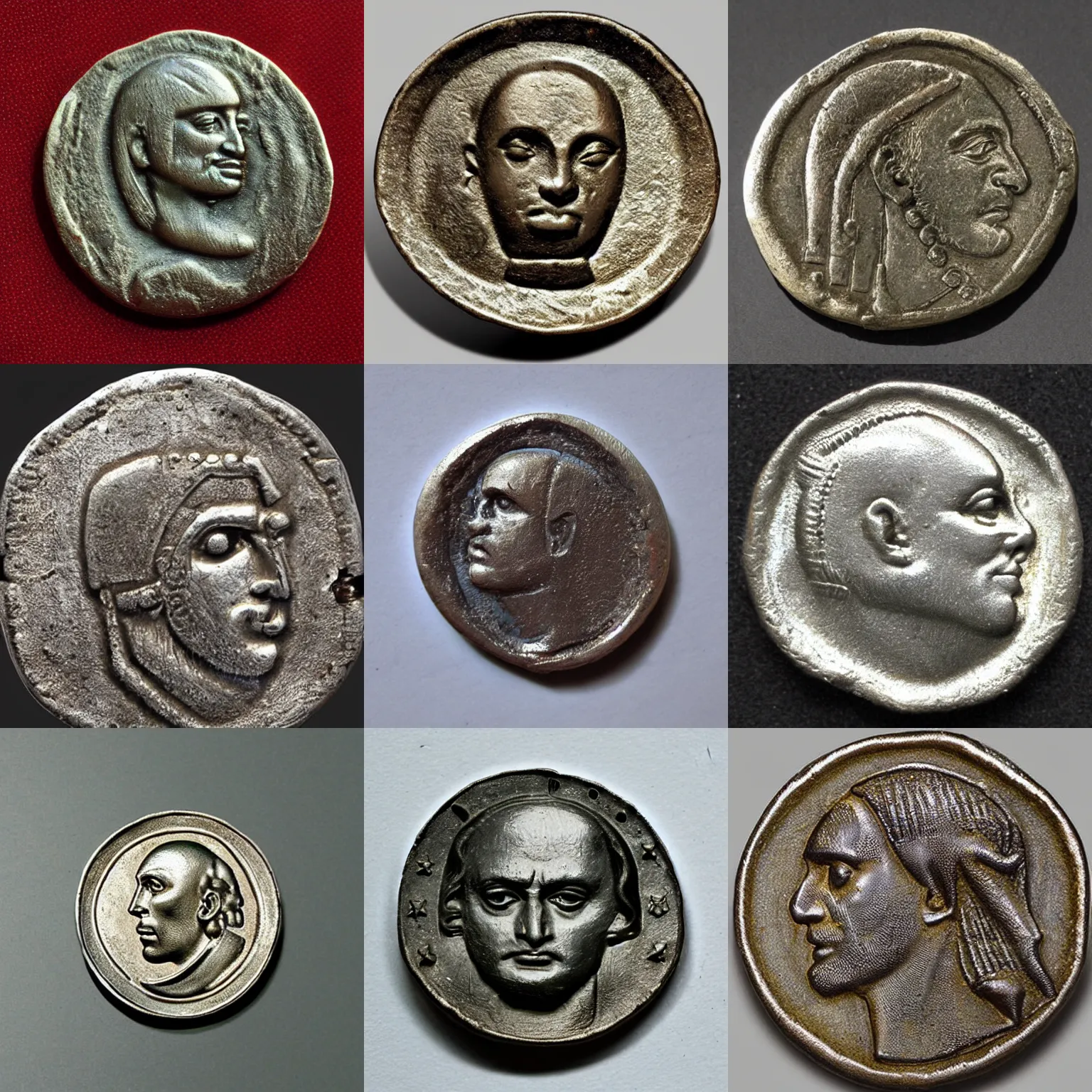 Prompt: ancient metal coin with the likeness of John Cazale