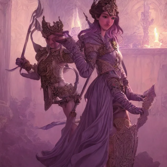 Image similar to d & d bard with her lilac leather armor in a temple, volumetric lighting, fantasy, intricate, elegant, highly detailed, lifelike, photorealistic, digital painting, artstation, fox ears, illustration, concept art, sharp focus, by john collier and albert aublet and krenz cushart and artem demura and alphonse mucha