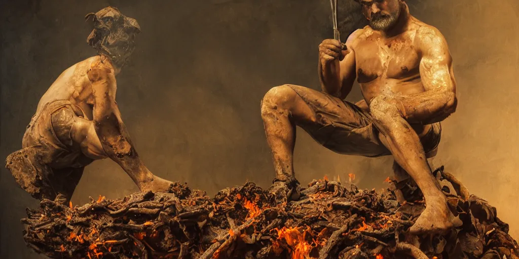 Image similar to highly detailed photography of a men made of rust clay and fire, rocks, hand gesture, sharp focus, dust particles, dirt, dramatic scene, aesthetic, wood, dynamic lighting, elegant, harmony, masterpiece, by roberto ferri, blue background, high quality, spatula