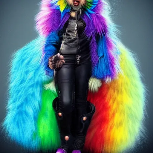 Image similar to wide angle full body, jacket wearing fluffy cute rainbow kitten wearing a black leather motorcycle jacket, cinematic concept art