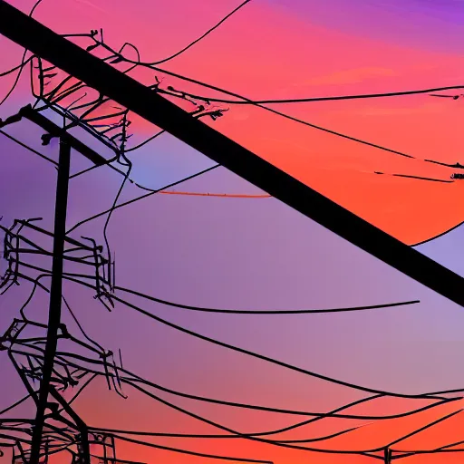 Image similar to colorful bouncing wires on power lines at sunset, beautiful painting, realistic, 4 k, trending on artstation