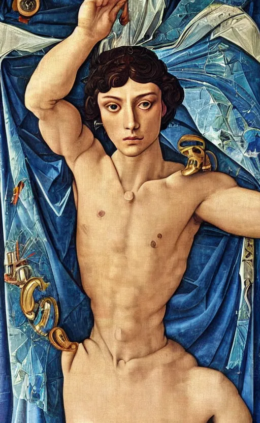 Image similar to beautifully painted mural of a stunning young cyborg prince in ornate royal fabric, piercing glowing eyes, sci fi scenery, vogue cover poses, mural in the style of sandro botticelli, caravaggio, albrecth durer