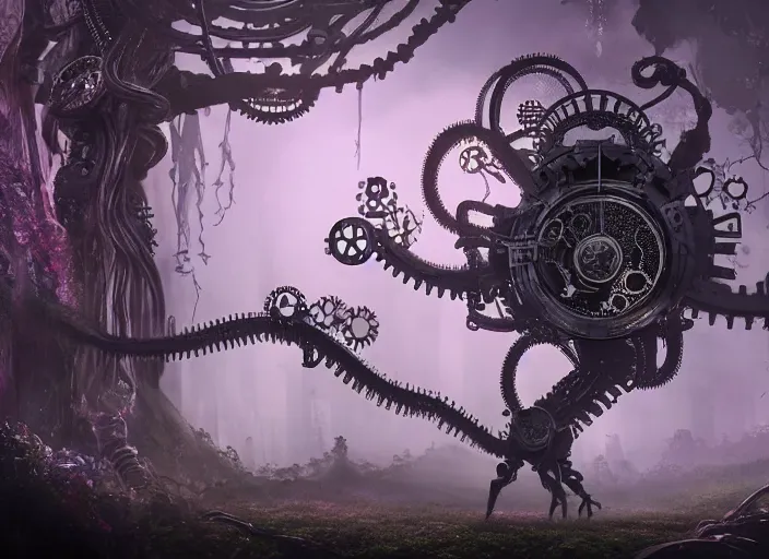 Image similar to silhouette of an intricate mechanical fairy with visible gears having tea with a cyborg gorgon medusa in a magical forest. Very detailed 8k. Fantasy cyberpunk horror. Sharp. Cinematic post-processing