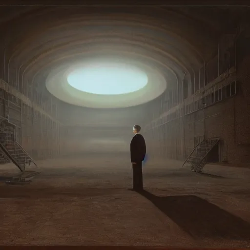 Image similar to an fbi agent looking at a ufo inside a giant warehouse, beksinski, wayne barlowe, very coherent symmetrical artwork, cinematic, hyper realism, high detail, octane render, 8 k