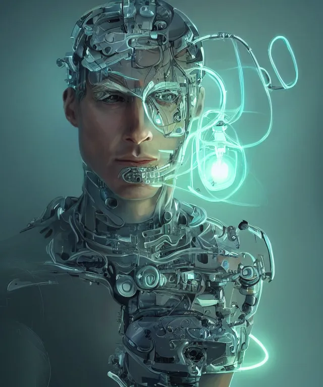 Prompt: a man turning into an Android portrait wearing a part cybernetic body, surrealism , scifi, intricate, elegant, sharp eyebrows, highly detailed cybernetic body, neon glowing eyes, digital painting, artstation, concept art, smooth, sharp focus, illustration, art by Artgerm and moebius and Peter Mohrbacher