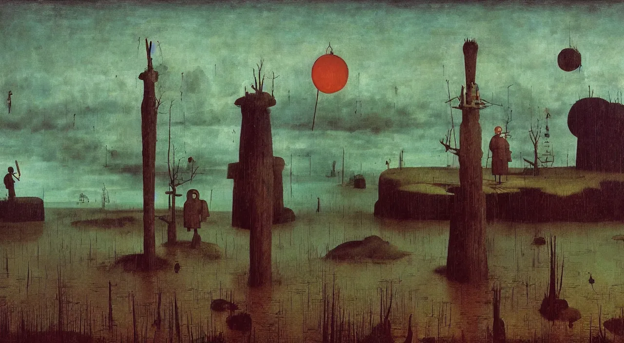 Image similar to single flooded wooden pole, very coherent and colorful high contrast masterpiece by franz sedlacek hieronymus bosch dean ellis simon stalenhag rene magritte gediminas pranckevicius, dark shadows, sunny day, hard lighting