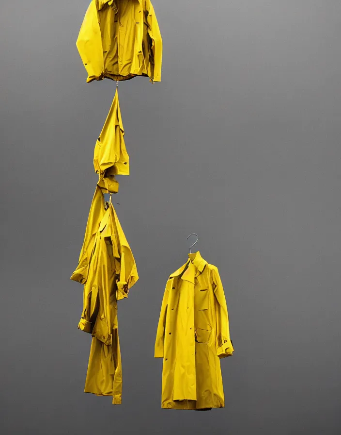 Prompt: a lone yellow zara raincoat flying hanging mid - air on a glittering rainy display designed by james terrell, we anderson, symmetry, rule of thirds