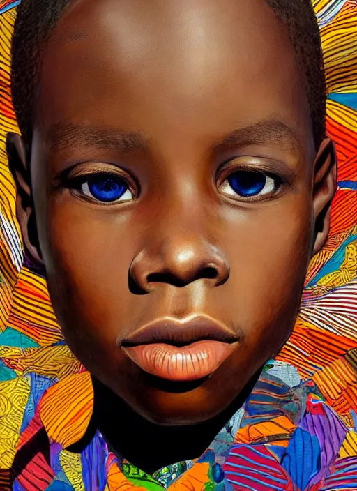 Image similar to colourful upper half portrait of an african boy - art by aya takano, magazine collage, highly detailed, digital painting, illustration, smooth, sharp focus, intricate, clustered, busy, pinterest, behance,