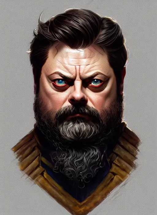 Image similar to portrait of nick offerman as odin, d & d, muscular, eyepatch! fantasy, intricate, elegant, highly detailed, digital painting, artstation, concept art, smooth, sharp focus, illustration, art by artgerm and greg rutkowski and alphonse mucha