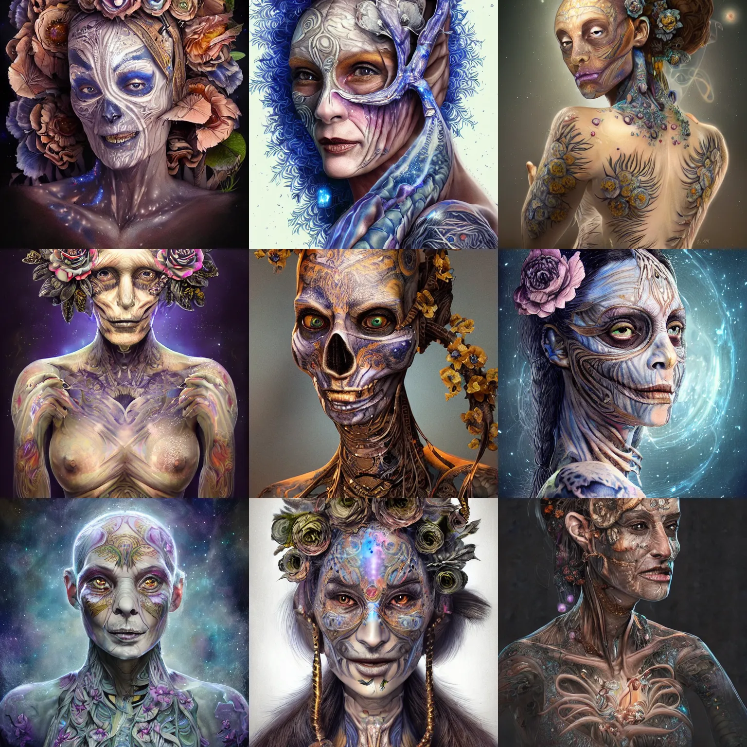 Prompt: a wlop 3 d render of very very very very highly detailed beautiful mystic portrait of a phantom mummy ape female with whirling flowers and galaxy around, tattoos by anton pieck, intricate, extremely detailed, digital painting, artstation, concept art, smooth, sharp focus, illustration, intimidating lighting, incredible art,