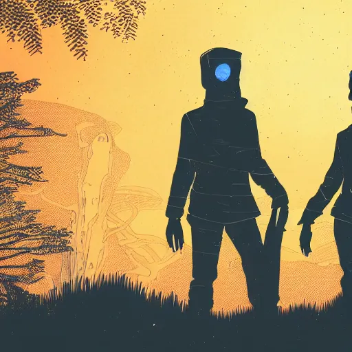 Prompt: in the style of max prentis and moebius and laurie greasley a silhouette of two young explorers wearing cyberpunk headpieces in the middle of an enchanting forest, long shot, highly detailed, 8k wallpaper