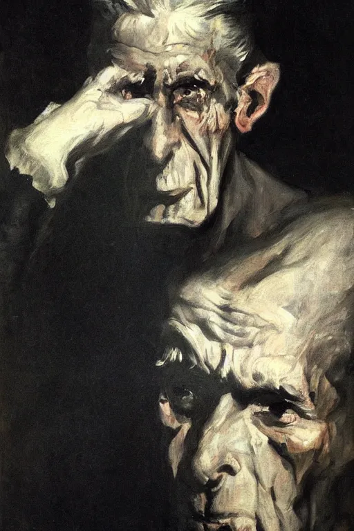 Image similar to menacing portrait of Samuel Beckett emerging from the dark void, figure in the darkness, painted by Eugène Delacroix, John Singer Sargent, Adrian Ghenie, Francis Bacon,