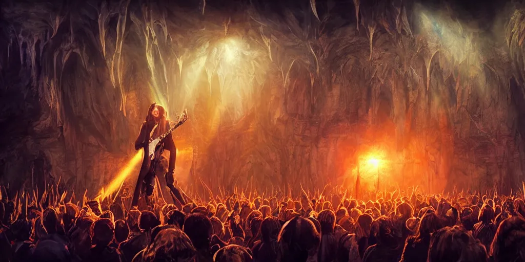 Image similar to ambience, atmosphere, sunbeams, concept art, sauron plays guitar at a rock concert to a crowd of orcs, lord of the rings, peter jackson, studio ghibli, detailed, realistic lighting, volumetric lighting, golden hour,