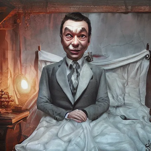 Image similar to an old creepy jimmy fallon, my sleep paralysis demon, spooky, atmosphere, detailed, realistic, unreal engine, cgsociety, by wlop and artgerm