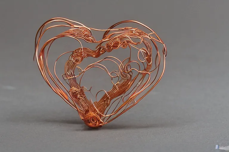 Image similar to a very beautiful tiny human heart organic sculpture made of copper wire and threaded pipes, very intricate, curved. studio lighting, high resolution, high quality, black background