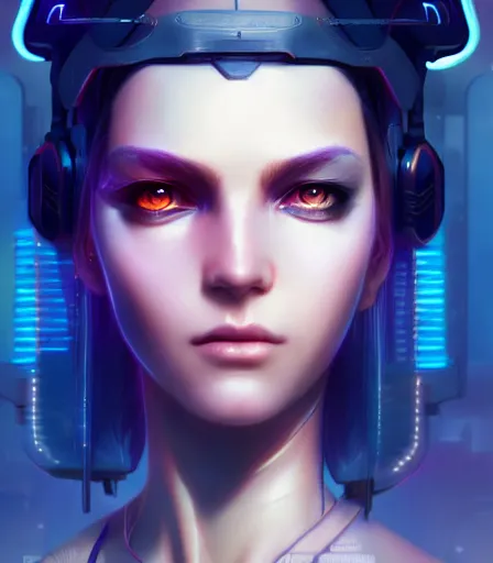 Prompt: beautiful portrait of a cyberpunk goddess who looks like Corinna Kompf , character design by charlie bowater, ross tran, artgerm, and makoto shinkai, detailed, soft lighting, rendered in octane