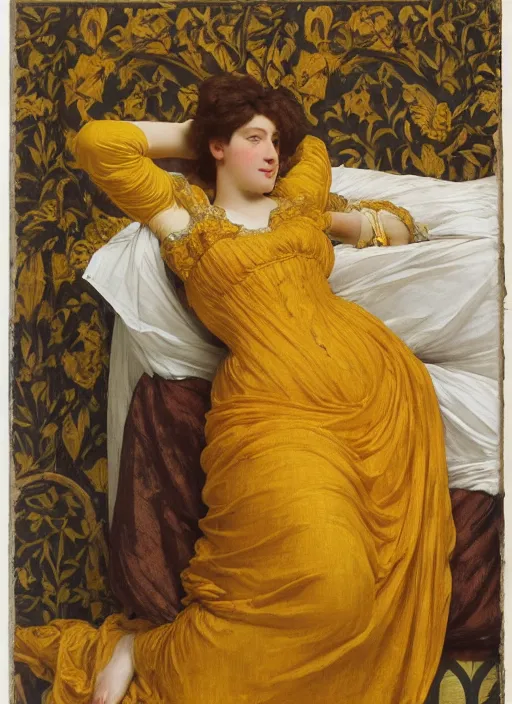 Prompt: portrait of lady reclining on bed wearing yellow ochre ornate medieval dress, foreshortening, colour photography by frederic leighton, william morris, 8 k