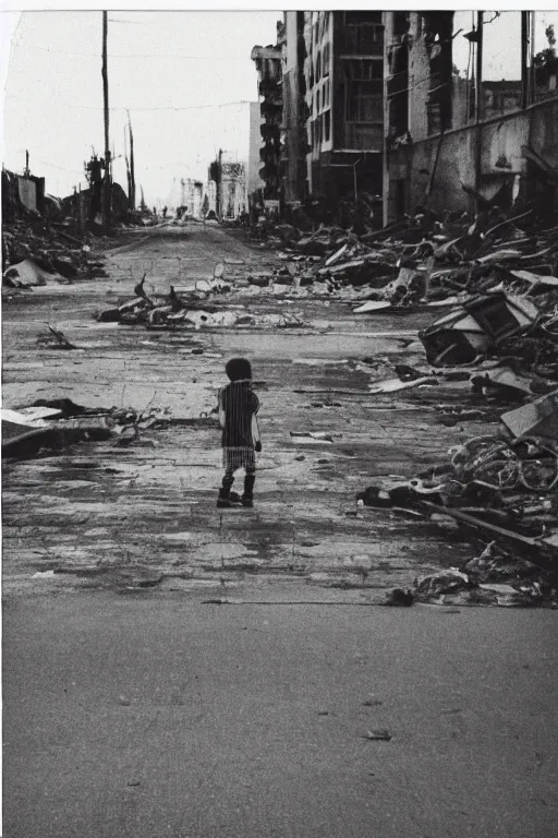 Prompt: photo polaroid of sad and lonely child in the middle of the street, destroyed buildings rubble, loneliness, war, black and white ,photorealistic, 35mm film,