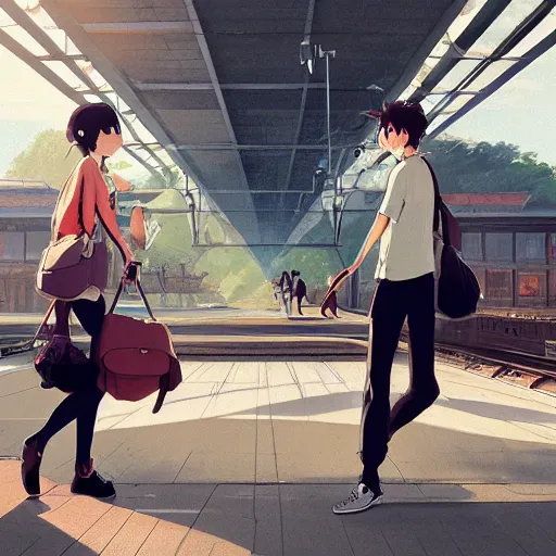 Image similar to a couple meeting up at a trainstation, running at each other with open arms. cgsociety masterpiece, artstation trending, by rossdraws, ghibli, Kimi no Na wa, greg rutkowski