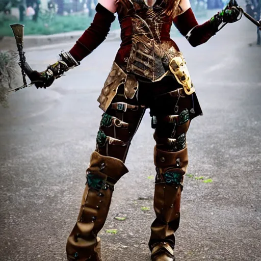 Prompt: full body photo of a fantasy steampunk female warrior