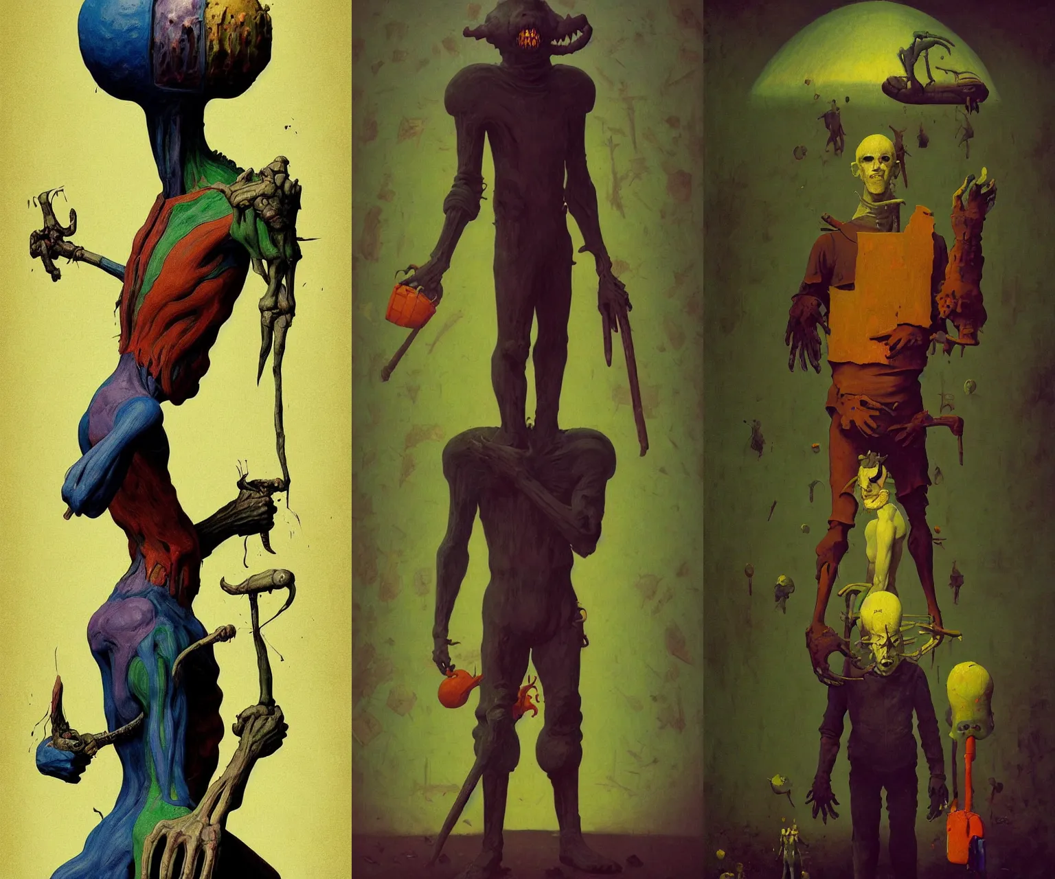 Image similar to full - body portrait surreal colorful clay fighting artstation rpg giant ghoul character concept art anatomy, action pose, very coherent and colorful high contrast masterpiece by norman rockwell franz sedlacek hieronymus bosch dean ellis simon stalenhag rene magritte gediminas pranckevicius, dark shadows, sunny day, hard lighting, reference sheet white! background