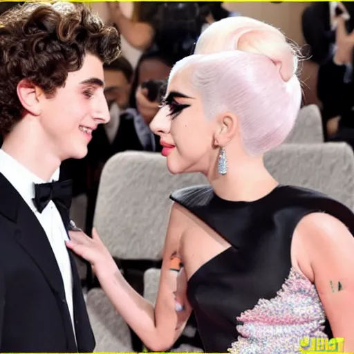 Image similar to timothee chalamet and lady gaga meet eachother, highly beautiful faces, highly detailed