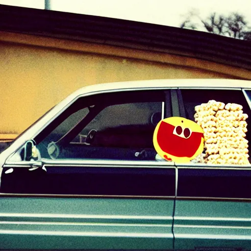 Prompt: a car with a big smile it’s bringing you some popcorn with a metal arm highway daytime photo 35mm lens