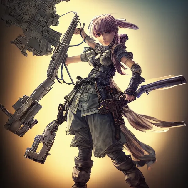 Image similar to the portrait of lawful neutral semi - colorful female infantry gunner as absurdly beautiful, gorgeous, elegant, young anime girl, an ultrafine hyperdetailed illustration by kim jung gi, irakli nadar, intricate linework, bright colors, octopath traveler, final fantasy, unreal engine 5 highly rendered, global illumination, radiant light, detailed and intricate environment