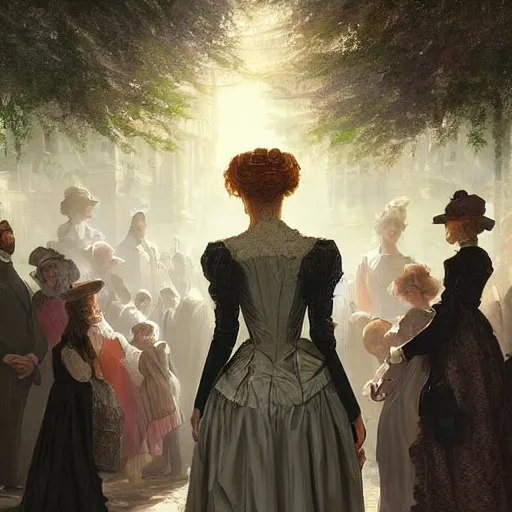 Prompt: portrait of a victorian lady within a crowd of people in a futuristic city, from behind, streets, angels in the sky, sunlight shining through trees, beautiful, solarpunk!!!, highly detailed, digital painting