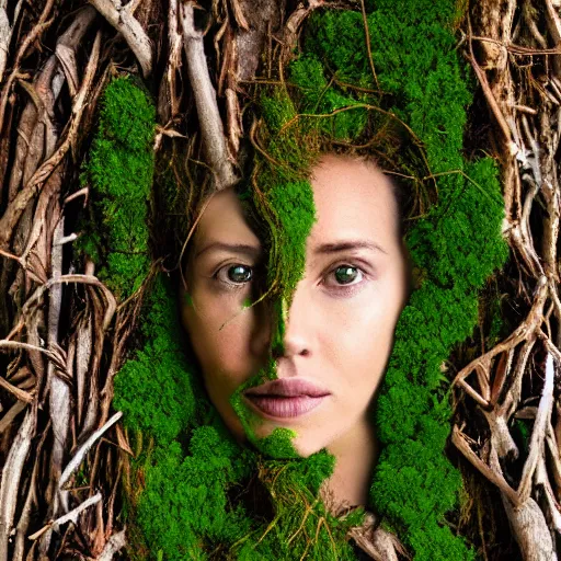 Prompt: a portrait of a woman made of tree roots and sticks, moss, mother nature, green