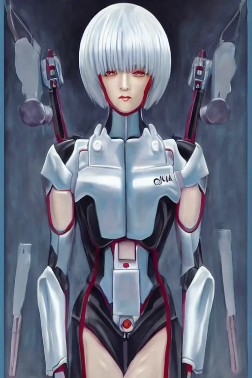 Image similar to rei ayanami, fantasy painting, grimdark, symmetry