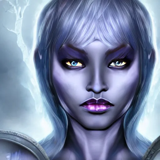Prompt: portrait of a female fantasy drow, dark elf, with large blue eyes, dark purple skin, and medium-length silver hair