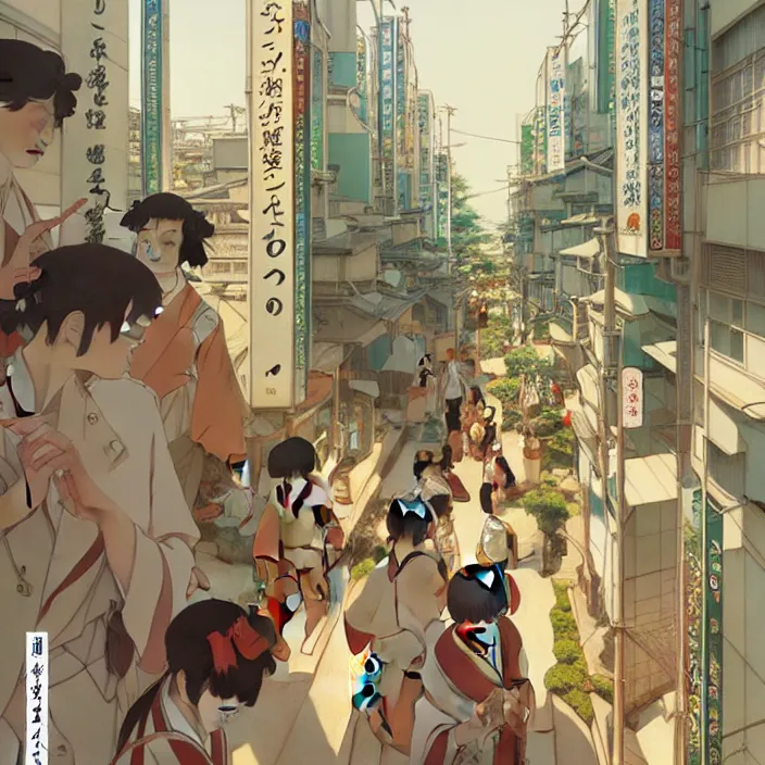 Image similar to japanese modern city, spring, in the style of studio ghibli, j. c. leyendecker, greg rutkowski, artem