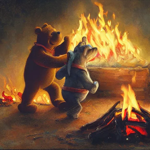 Image similar to close up of winnie the pooh spit roasting a whole pig over a fire, cinematographic shot, by daniel f. gerhartz