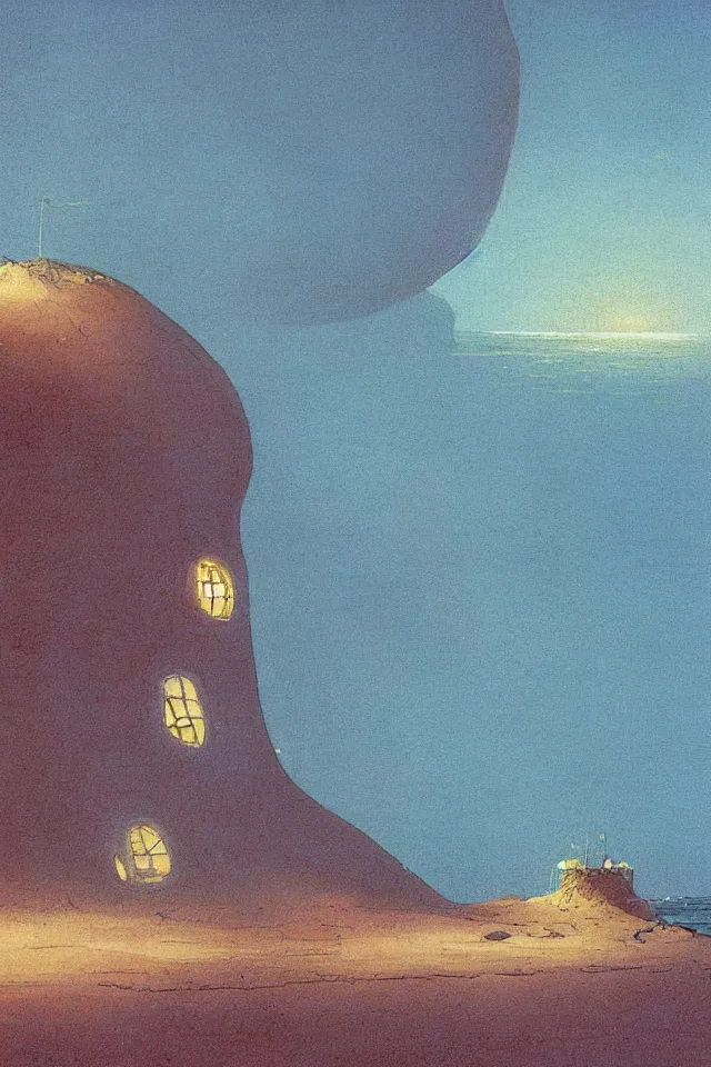 Prompt: painting of a single giant seashell house where a young girl lives by moebius and john harris, atmospheric, concept art