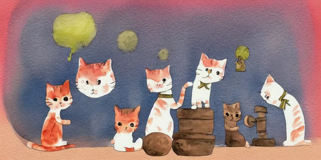 Image similar to watercolor illustration style, cute! cats training in gym