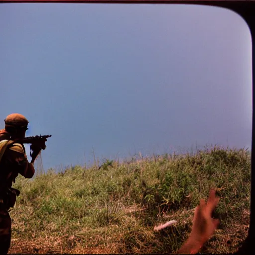 Prompt: film still, extreme far view, emma watson vietnam door gunner, apocalypse now, associated press,, 2 6 mm, kodak ektachrome, blue tint expired film,