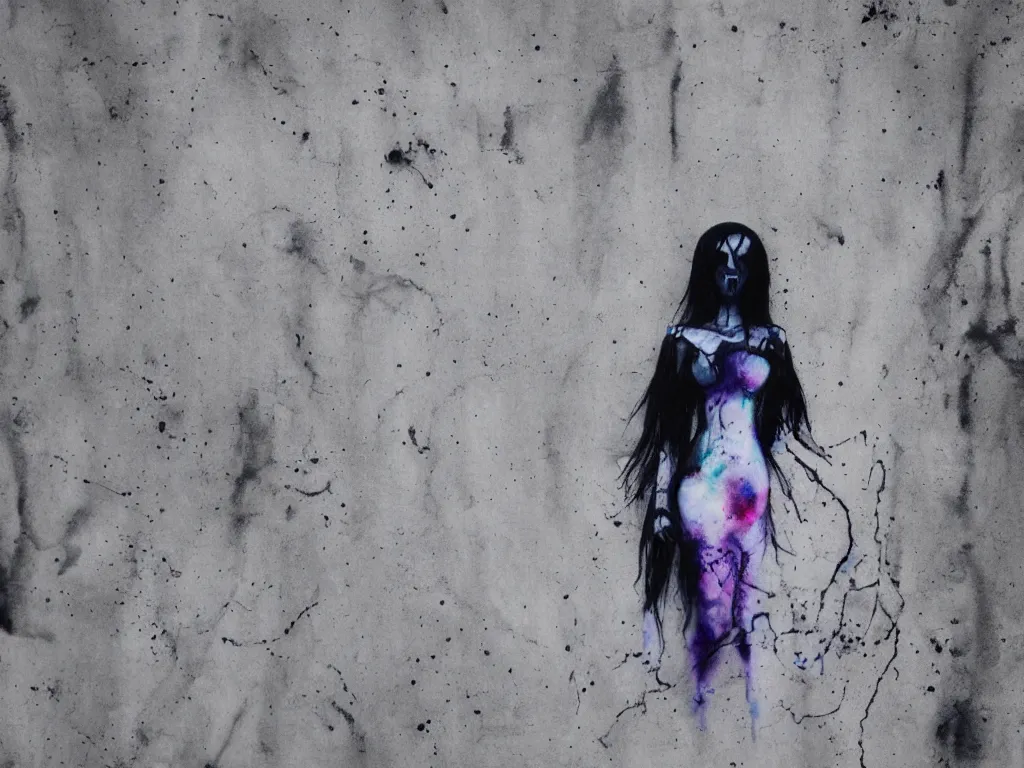 Prompt: ghost wraith apparition caught on camera, graffiti, cute fumo plush gothic black enigmatic maiden girl painted in spilt ink and washed watercolor, minimalist avant garde pop art, filmic, vignette, captured on canon eos r 6