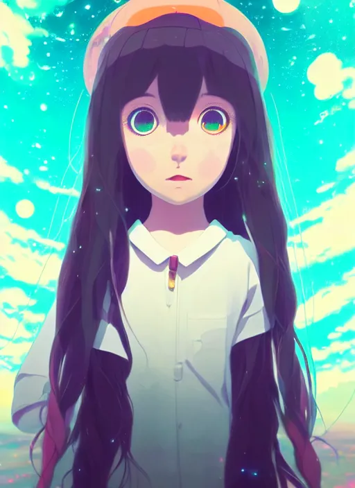 Image similar to portrait of a very cute girl with big eyes, very psychedelic space background illustration concept art anime key visual trending pixiv fanbox by wlop and greg rutkowski and makoto shinkai and studio ghibli and kyoto animation