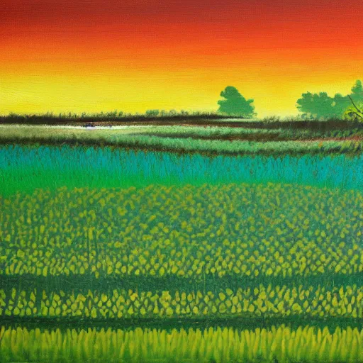 Prompt: abstract painting of a rice paddy, a man farming