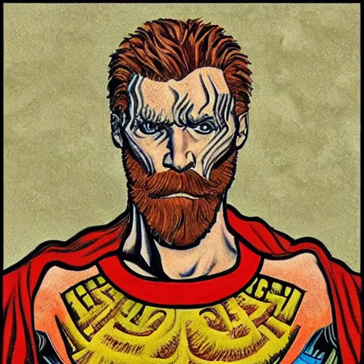 Image similar to portrait of zeus, mash - up between mc escher and vincent van gogh, marvel comics style