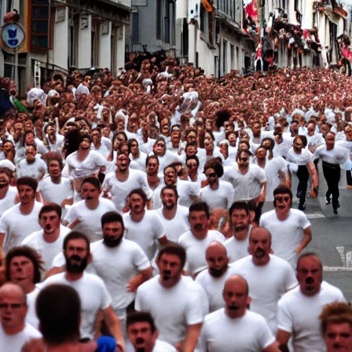 Prompt: the running of the screaming bob ross in pamplona spain