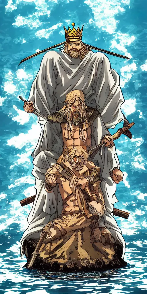 Image similar to a lone king sitting on a throne floating on water in the middle of a lake drawn by Makoto Yukimura in the style of Vinland saga anime, full color