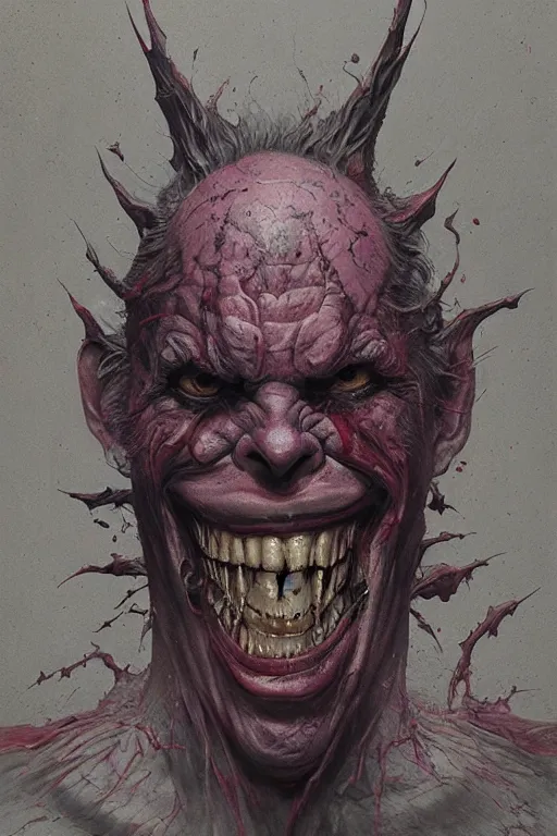 Prompt: Portrait of distorted, laughing, grotesque Joker, chaos god, dc comics, dark, intricate, smooth, artstation, painted by Wayne Barlowe, Greg Rutkowski, Zdislav Beksinski